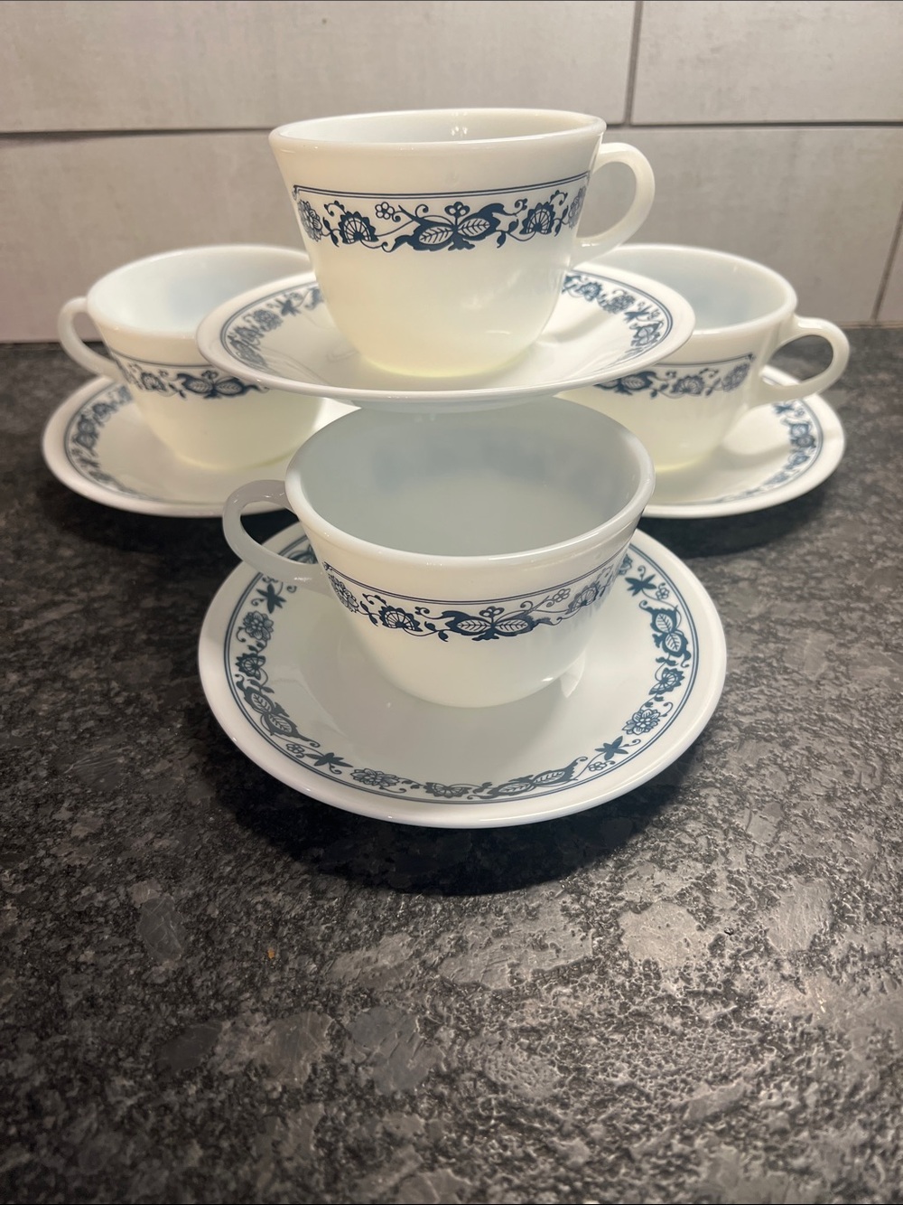 Vintage Corelle/Pyrex Old  Town Blue or Blue Onion  Floral Teacup and Saucer Set